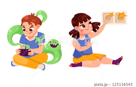 Childhood Fears with Little Kid Character Afraid of Clown, Darkness, Monster and Spider Vector Set 125116543