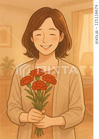 母の日に花をプレゼントされた母親のイラスト 125116674