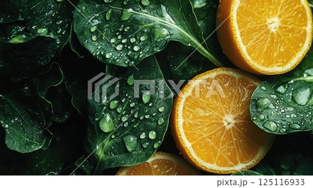 Vibrant leafy greens and citrus slices create a fresh culinary atmosphere Vibrant leafy greens and citrus slices create a fresh culinary atmosphere 125116933