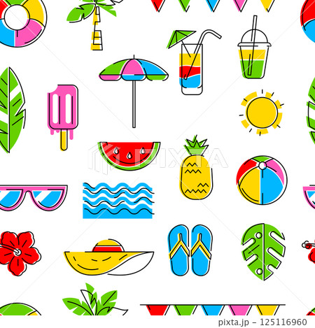 Pattern with summer items. Stylized beach objects. Pattern with summer items. Stylized beach objects. 125116960