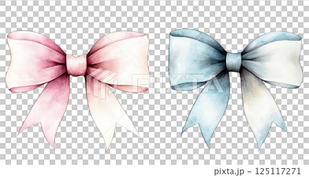Elegant bow set in pink and blue shades for decorative purposes and crafts 125117271