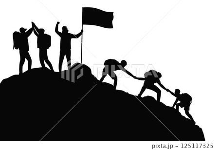 Business team success concept, silhouette of business man on peak mountain climbing helping, Helping each other to the top of mountain Business team success concept, silhouette of business man on peak mountain climbing helping, Helping each other to the top of mountain 125117325