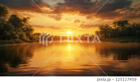 Golden Sunset Over a Tranquil River 125117459