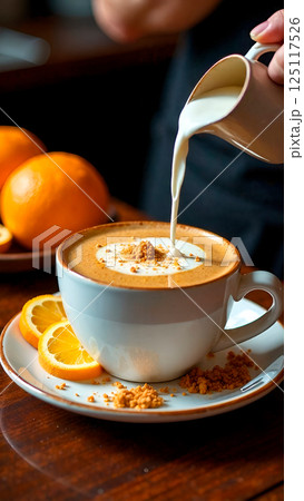 Coffee shake with orange zest and cane sugar. Pour milk into cappuccino cup. Close-up Coffee shake with orange zest and cane sugar. Pour milk into cappuccino cup. Close-up 125117526