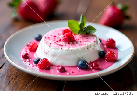 Creamy panna cotta elegantly served with a vibrant mix of fresh berries and a sprig of mint 125117530