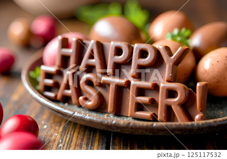 Inscription and chocolate eggs. Happy Easter. Invitation to cafes, pastry shops Inscription and chocolate eggs. Happy Easter. Invitation to cafes, pastry shops 125117532
