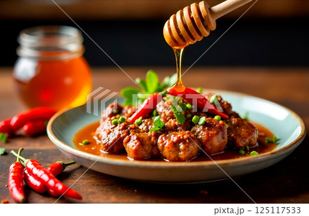 Fried meat is sprinkled with honey infused with chili peppers. Spicy and sweet. Combination of flavors 125117533