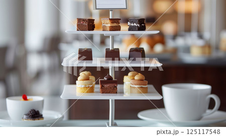 Elegant Afternoon Tea Desserts on Tiered Stand 125117548