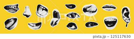 Trendy halftone collage face elements set isolated on bold background. Grunge punk cut out crazy mouths, eyes, pierced ear and nose. Torn paper stickers. Modern retro vector illustration Trendy halftone collage face elements set isolated on bold background. Grunge punk cut out crazy mouths, eyes, pierced ear and nose. Torn paper stickers. Modern retro vector illustration 125117630