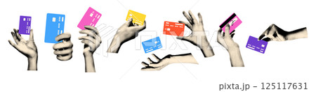 Trendy halftone collage elements set. Various hands holding plastic credit cards, cashless contactless payment concept. Paper clipping shapes, cut out modern retro vector illustration 125117631