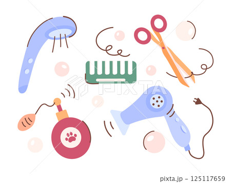 A set of cosmetic accessories for pet care. Hair dryer, scissors, comb, perfume, shower. Tools and cosmetics for the animal beauty salon, haircuts, washing, grooming. Vector illustrations 125117659