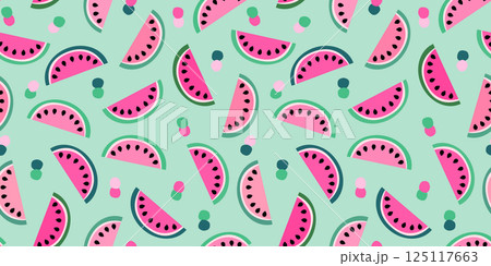 Cute Vector Seamless Pattern with Watermelon Summer Fruit in Pink, Green, on Mint Background, Tropical Design 125117663