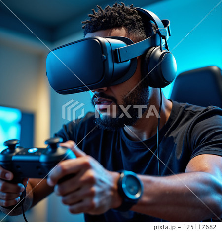 Man in VR headset playing video game with...のイラスト素材 [125117682] - PIXTA