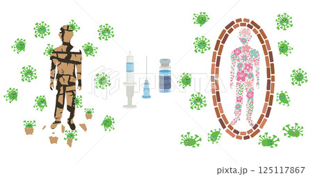 A person without immune protection is destroyed by microorganisms and a person protected by healthy immunity in a flat style. Vector illustration isolated on a white background. 125117867