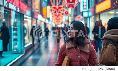 イルミネーションで明るい夜の街を行き交う人々と女性 125118068