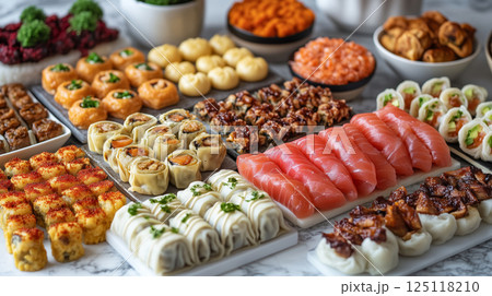 Gourmet feast featuring various international delicacies and vibrant flavors 125118210