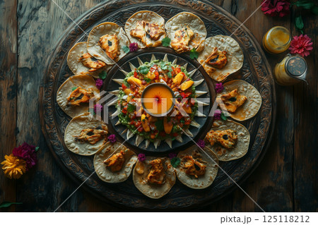 Vibrant top-down feast of grilled curry chicken tacos with salsa and garnishes 125118212