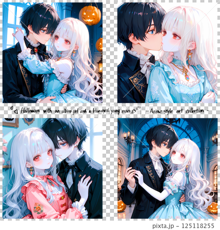 一對夫婦正在享受萬聖節。這是一位白化病女孩和一位藍眼睛年輕男子的假期。 4 幅少女漫畫風格的 AI 插圖 125118255