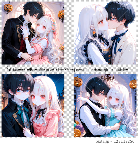 ハロウィンを楽しむカップル。アルビノの少女と碧眼の青年の休日。少女漫画風のAIイラスト4点セット 125118256