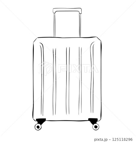 Suitcase in graphic line ink art drawing style. Vector line drawing of case, luggage bag with wheels isolated on white background. Design object for banner flyer concept, logo, web, package, sticker. Suitcase in graphic line ink art drawing style. Vector line drawing of case, luggage bag with wheels isolated on white background. Design object for banner flyer concept, logo, web, package, sticker. 125118296