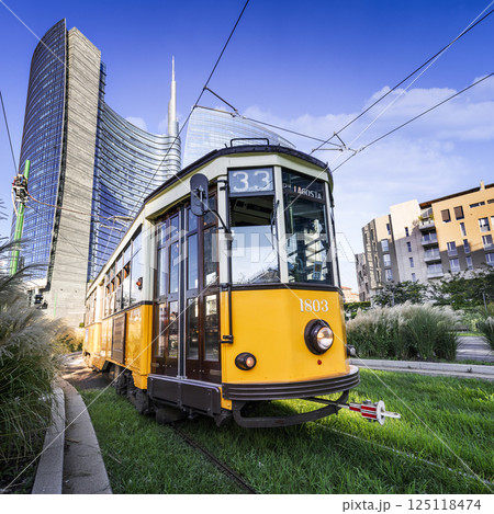 Vintage tram on the Milano street, Italy 125118474