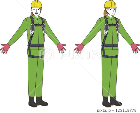 フルハーネスとランヤードをつけた現場工事作業員。笑顔の女性 125118779