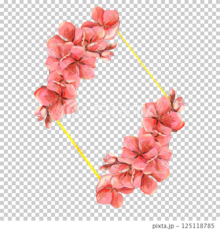 Sakura flowers red pink watercolor frame on white background in high quality. Perfect for postcards, invitations, weddings. Spring flowers will perfectly decorate home decor. 125118785