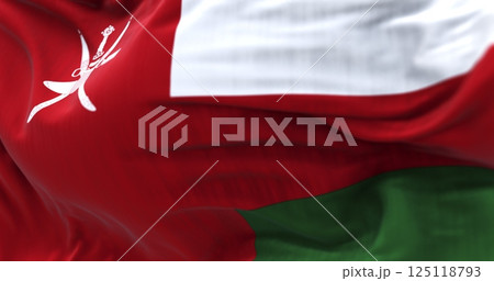 Omani flag waving with khanjar emblem on red, white and green fabric. 3D render Omani flag waving with khanjar emblem on red, white and green fabric. 3D render 125118793