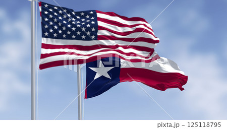 Texas and American flags waving together in blue sky. 3D render Texas and American flags waving together in blue sky. 3D render 125118795