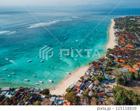 Nusa Lembongan with tropical beach and turquoise ocean with boats, drone view 125118810