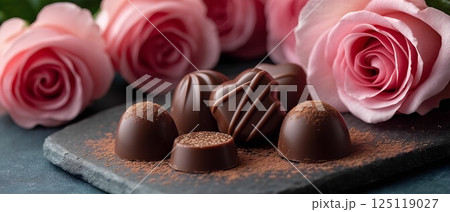 Elegant chocolate truffles with roses on a dark slate background 125119027