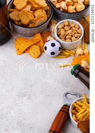 Beer and different snacks for Superbowl or football party 125119052