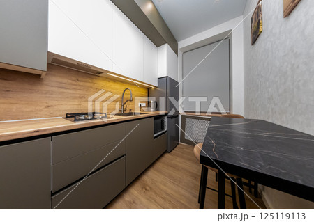 Apartment Kitchen Modern Design: Renovated Flat Interior, Compact Layout, Stylish Appliances. Apartment Kitchen Modern Design: Renovated Flat Interior, Compact Layout, Stylish Appliances. 125119113