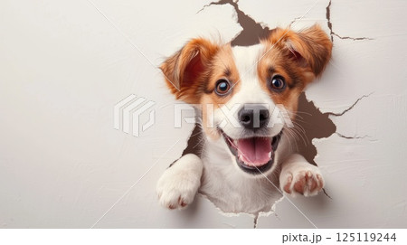 A dog is looking out of a hole in a wall 125119244