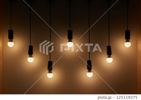 Lightbulbs hanging on wires, soft decoration lighting 125119375