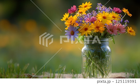 A vase filled with a variety of colorful flowers sits on a grassy surface 125119391