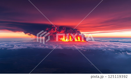A volcano erupts with lava and smoke, creating a fiery and dramatic scene 125119392