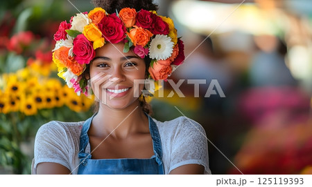 A woman wearing a flower headdress is smiling at the camera 125119393
