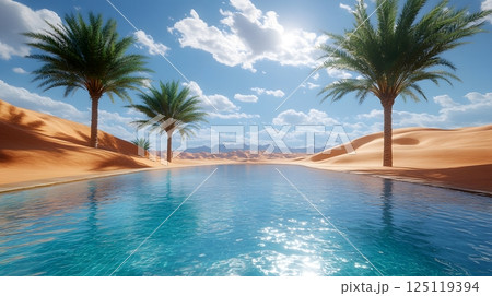 A beautiful blue pool surrounded by palm trees in a desert setting 125119394