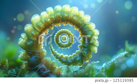 A spiral shaped plant with green leaves and a blue background 125119395