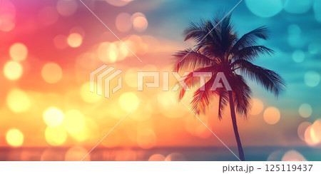 Palm Tree with Glowing Golden Bokeh Effect	 125119437