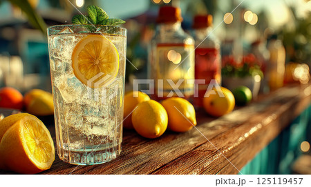Refreshing lemonade with lemon slice and mint in a clear glass, surrounded by lemons on a rustic table in warm light 125119457