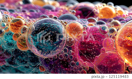 Close-up of vibrant oil bubbles on multicolored textured surface with a surreal effect 125119483