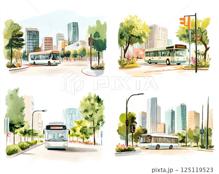 オフィス街を走る路線バス 125119523