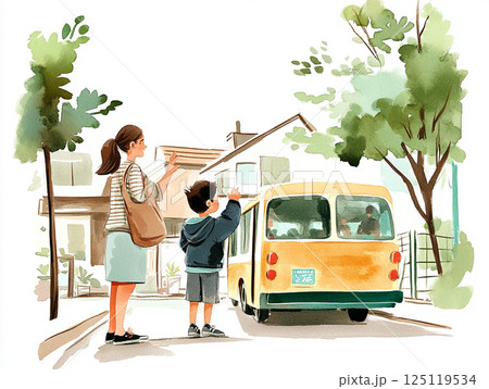 幼稚園の送迎バスで帰宅する 125119534