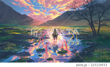 Hiker Walks Through Surreal Landscape Toward Glowing Horizon Hiker Walks Through Surreal Landscape Toward Glowing Horizon 125119553