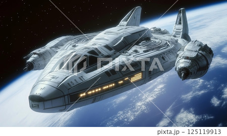 Spacecraft gliding through the cosmos above Earth planet 125119913