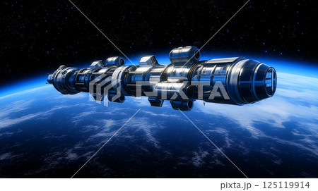Spacecraft gliding through the cosmos above Earth planet 125119914