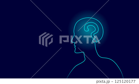 Web Continuous line drawing human head. Question mark inside brain represents idea concept. Suitable for psychology business marketing and advertising. Minimalist style side view blue background 125120177