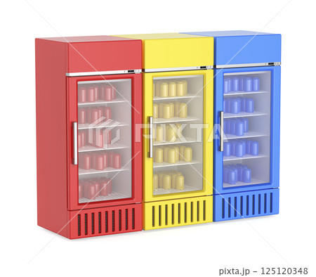 Three refrigerators with cans of different colors Three refrigerators with cans of different colors 125120348